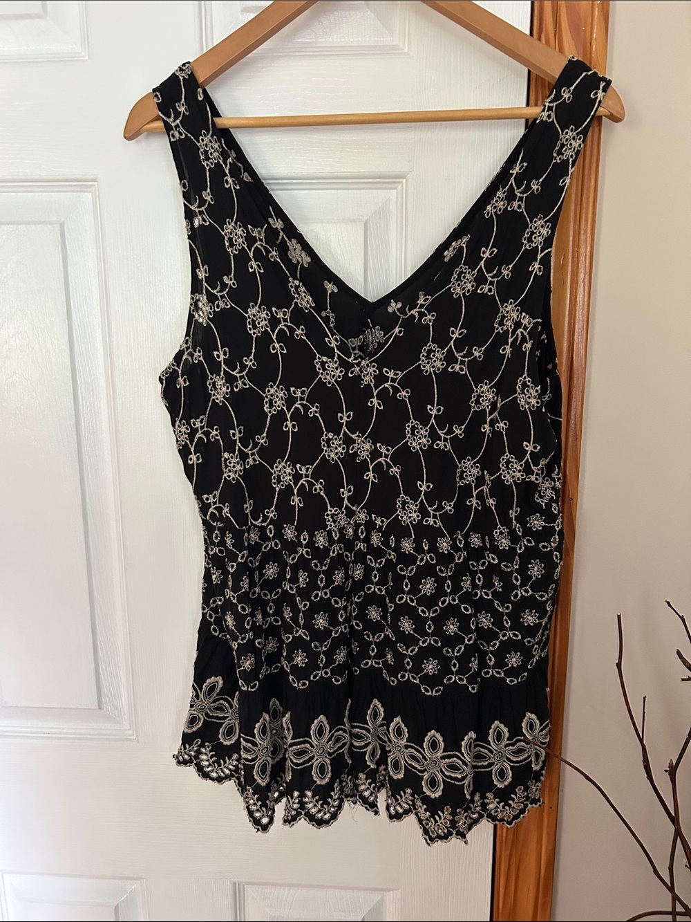 American Eagle Outfitters Black Camisole with Ivory Floral Embroidery